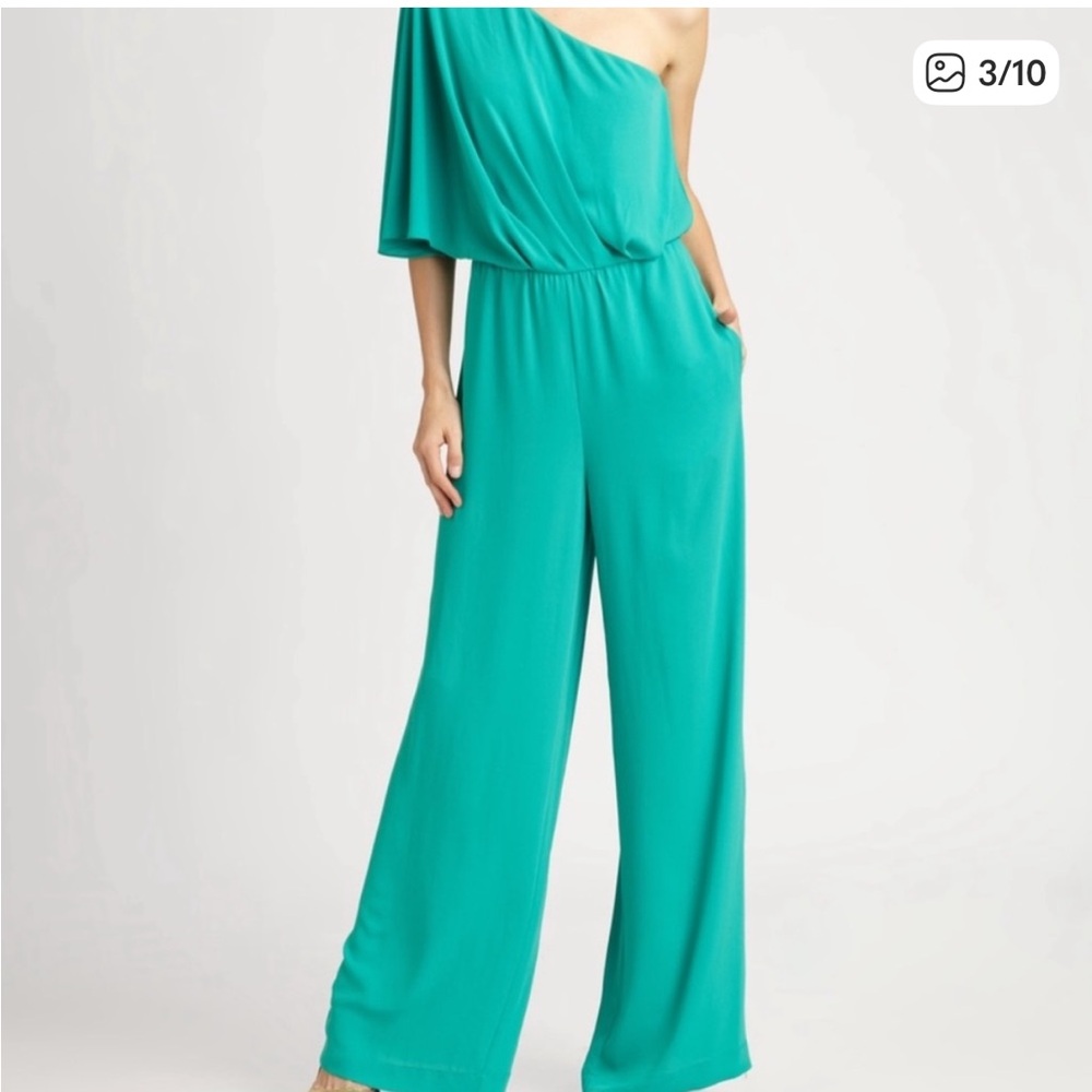 BCBG One-Shoulder Draped Wide Leg Teal Flowy Jumpsuit